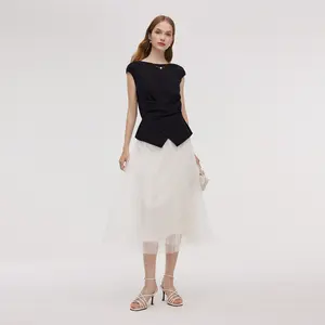 Adjustable Hem Knit Top And Mesh Pleated Skirt Two-Piece Set