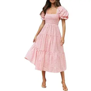 ZESICA Women's 2026 Bohemian Summer Plaid Square Neck Puff Sleeve Ruffle Flowy Beach Midi Dress