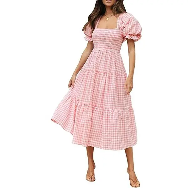 ZESICA Women's 2026 Bohemian Summer Plaid Square Neck Puff Sleeve Ruffle Flowy Beach Midi Dress