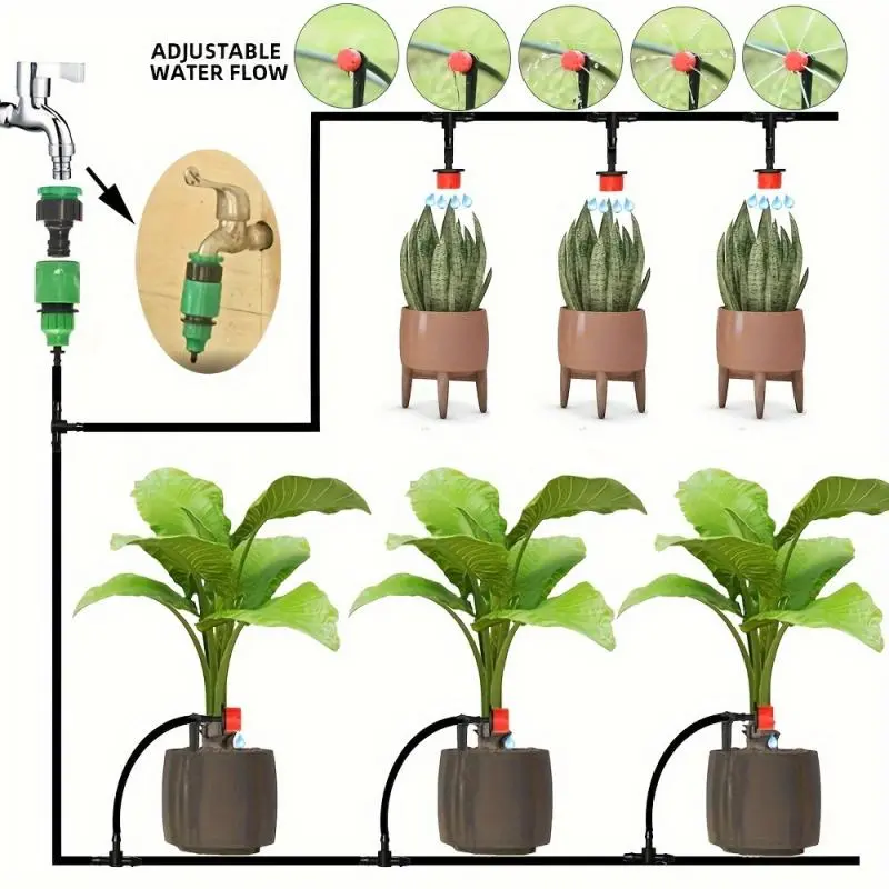 Adjustable Drip Irrigation Kit for Gardens, 16.4ft to 197ft Hose Length, Easy Install Plant Watering System with Connectors, Efficient Irrigation Solution