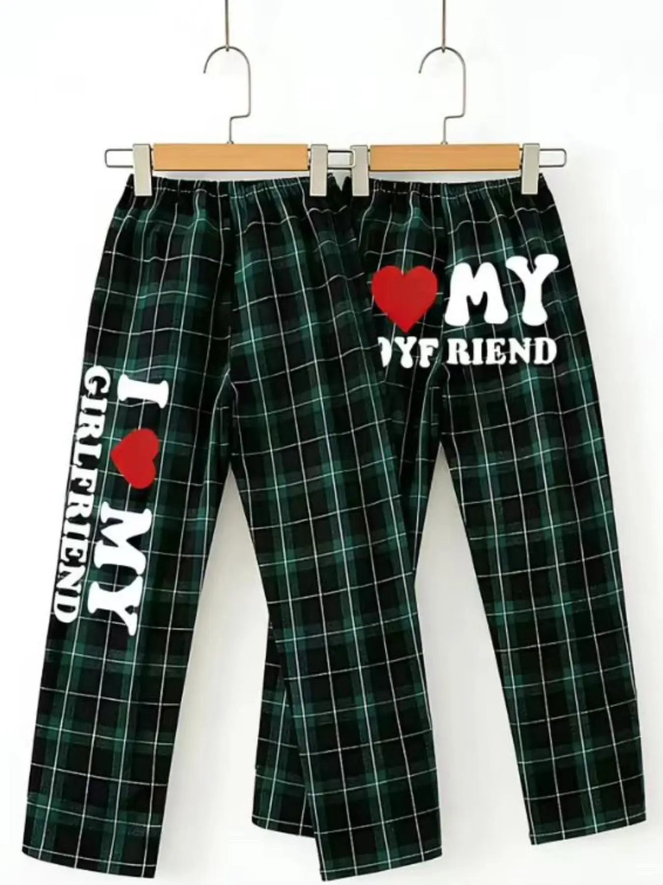 Y2K Couple Matching Plaid Lounge Pants, I Love My GF/BF Print Sleepwear, Oversized Casual Home Trousers, Comfy Streetwear Pajama Bottoms for Valentine's Day, Loungewear for Couples, Loungewear Pajamas, Soft Wide Leg Sleep Pants for Daily Wear, Green