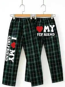 Y2K Couple Matching Plaid Lounge Pants, I ❤️ My GF/BF Print Sleepwear, Oversized Casual Home Trousers, Comfy Streetwear Pajama Bottoms for Valentine's Day, Aesthetic Loungewear for Couples, Soft Wide Leg Sleep Pants for Daily Wear