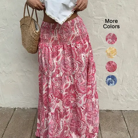 Women's Paisley Print High Waist Maxi Skirt, Boho Style, Fitted Shirred Design, Comfortable All-Season Wear, Perfect for Vacation and Daily Casual, Boho Fashion Skirt