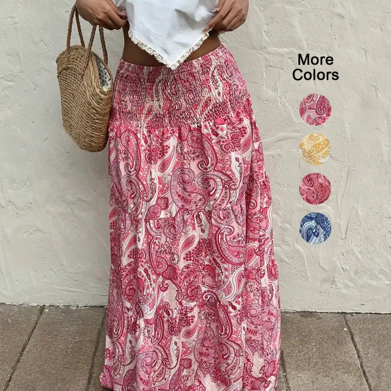 Women's Paisley Print High Waist Maxi Skirt, Boho Style, Fitted Shirred Design, Comfortable All-Season Wear, Perfect for Vacation and Daily Casual, Boho Fashion Skirt