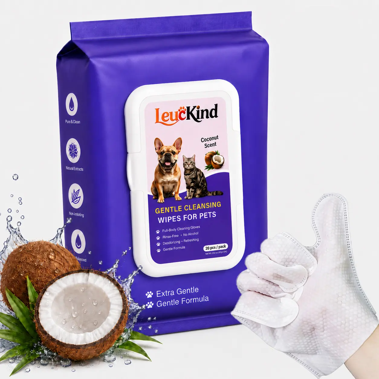 LeucKind Pet Glove Wipes for Dogs & Cats, 20 Pack Extra Thick Grooming Wipes with Jojoba Oil, Plant-Based Hypoallergenic Pet Wipes for Paws, Fur, Eyes & Ears, No Rinse Cleaning & Deodorizing   prt reels products quick bathing