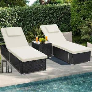 3 Piece Set; Includes 2 Wicker Chaise Lounge Chairs for Outdoors with Matching Side Table, Idea Oversized Reclining Patio Lounger with Washable Cushions,