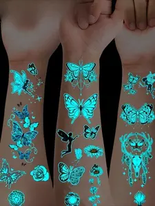 Luminous Blue Glow-In-The-Dark Butterfly & Flower Diverse Patterns Temporary Tattoos, 12 Sheets Waterproof Fake Tattoo Stickers for Parties
