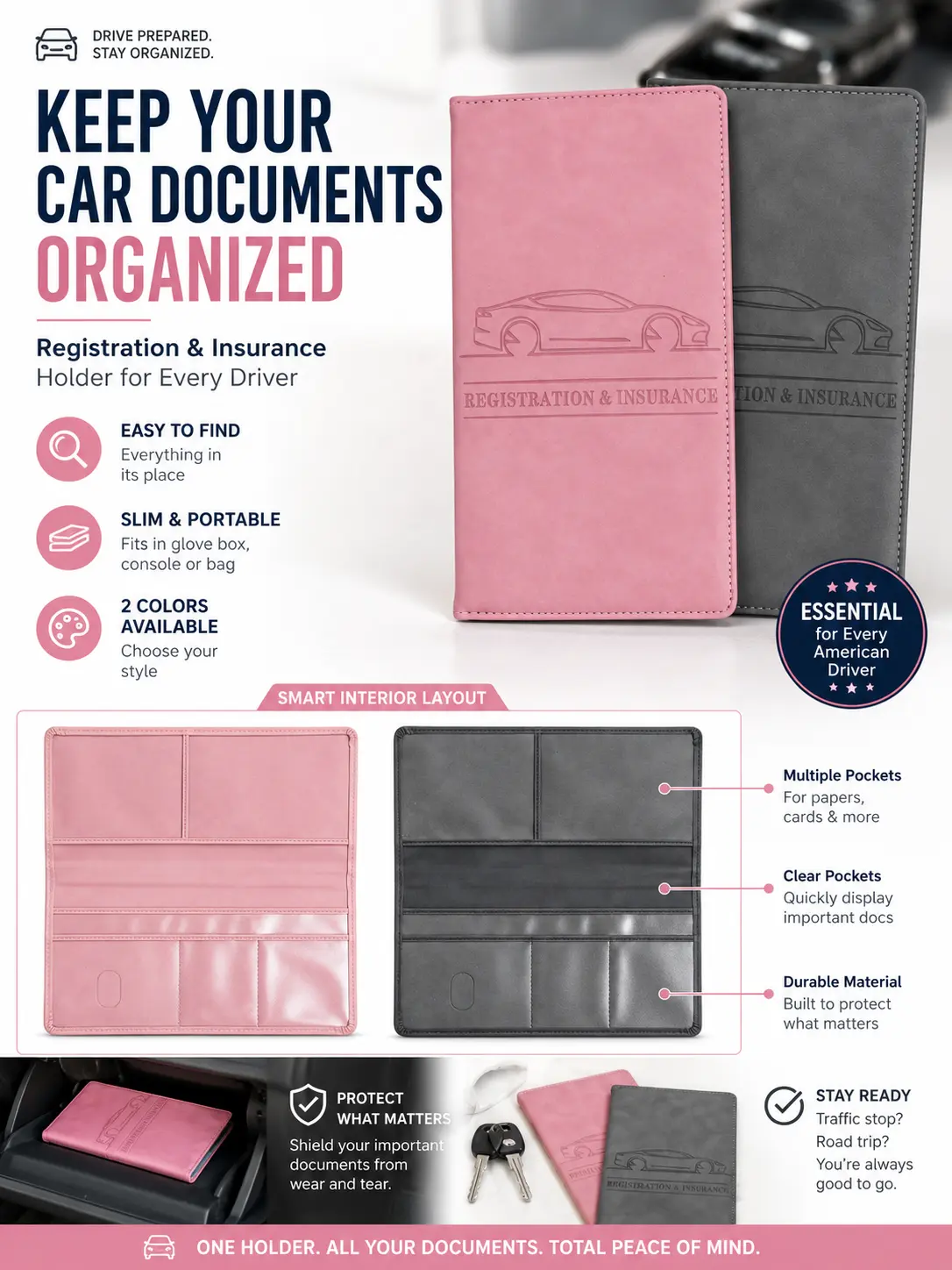Car Registration & Insurance Document Holder - Vehicle Document Storage Organizer Wallet for Glove Box, Cars, Trucks