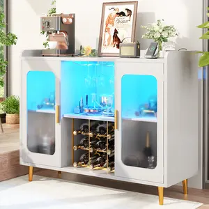 Wine Bar Cabinet with Power Outlet, Liquor Cabinet Bar with LED Light and Glass Holder, Home Coffee Bar Cabinet, Buffet Sideboard with Storage Shelf for Kitchen, Dining Room