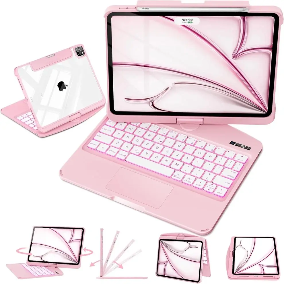 iFacemall Timeless Pink/Black/White Keyboard Case for iPad , 360° Rotating Multi-Touch Trackpad, 7-Color Backlit Keyboard, Compatible with iPad Pro 11 inch (2018-2022) and ipad Air4/5/6/7/8