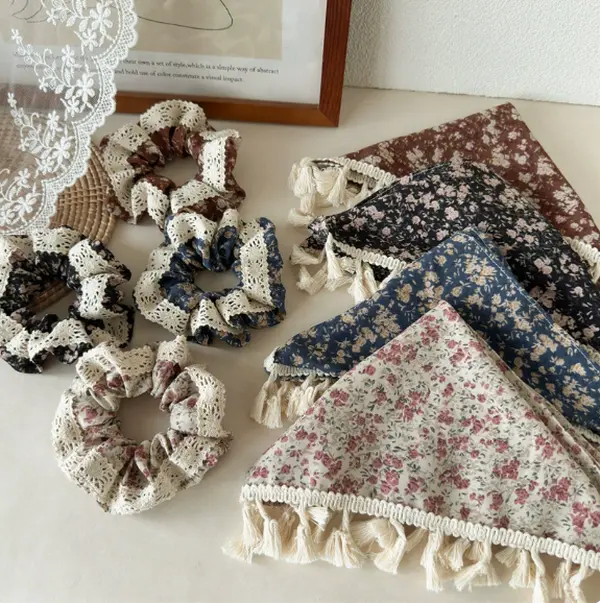 Women's 2-Piece Fashion Hair Accessories Set - Cottagecore Floral Cotton Bandana Style Head Scarf with Tassels, Scrunchie for Everyday Daily Wear, Flowers-Infused Women's Fashion Accessory, Tasseled, Tassel Trim