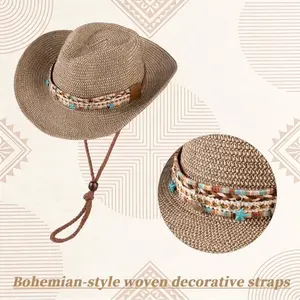 Bohemian-Style Woven Decorative Straps Straw Cowboy Hat Western Sun Hat for Summer Beach Wear