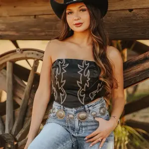 Leather Boot Stitch Black Corset with Embroidered Design and Cowgirl Style