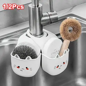 1/2pc Cute Cat Silicone Faucet Holder, Sponge Storage Rack with Drainage Holes for Bathroom and Kitchen Space Saver, Water Drainage Rack | Decorative Storage | Durable Sponge Holder, Bathroom Organizers And Storage