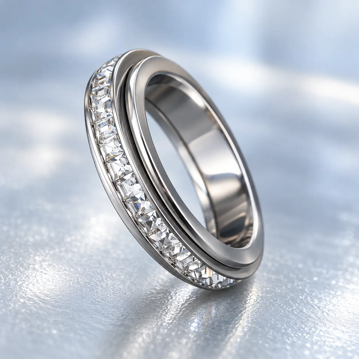Cubic Zirconia Fidget Ring for Women & Men, Comfort Fit Stainless Steel Spinner Band, Sizes 5–12
