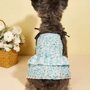 Blue Floral Dog Cat Dress Set with Bow Hair Accessory, Small Medium Pet Garden Style, Cute Animal Clothing for Dogs Cats
