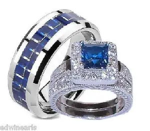 His & Hers Sapphire Blue & Clear Cz Engagement Ring Set Sterling &Titanium Ring Weddingrings