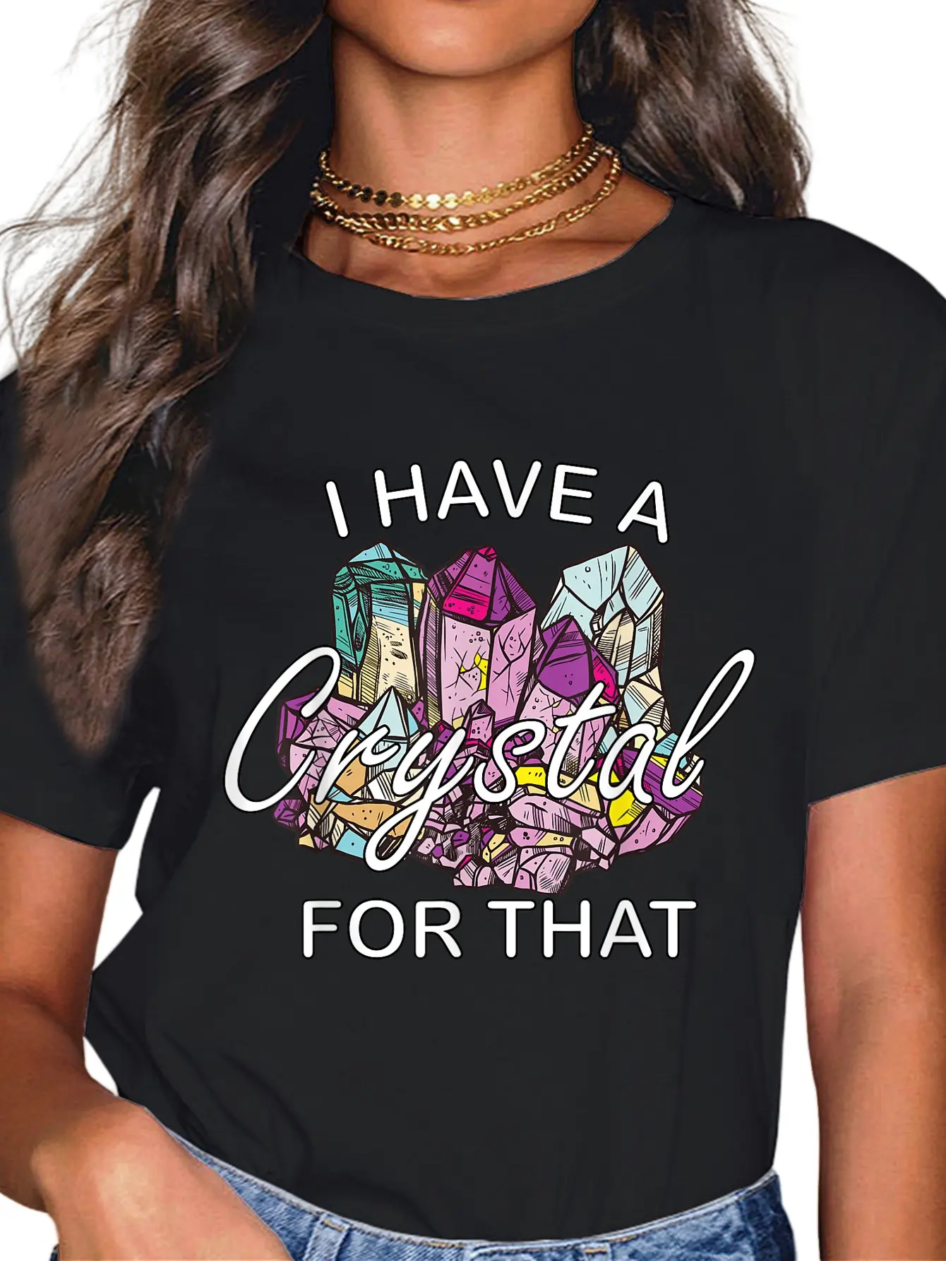 Women's Casual Graphic T-Shirt - 100% Cotton Short Sleeve Spiritual Top for Yoga and Everyday Wear with 'I Have a Crystal For That' Print, Shortsleeve, Round Neck, Tshirt, Vintage, Funny Quote, Whimsical Humor, Crew Neck