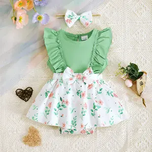 Ready Stock 1-12M Baby Girl Clothes Floral Print Splice Ruffle Bodysuit + Coordinating Headband 2pcs Set Green 22412036