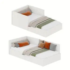 Garvee Twin Daybed with Headboard, Corner Bed Frame with Bed Rails, Velvet Upholstered Sofa Bed with Guardrail for Bedroom, Guest Room, Adjustable Installation, Wooden Slats Support, Beige