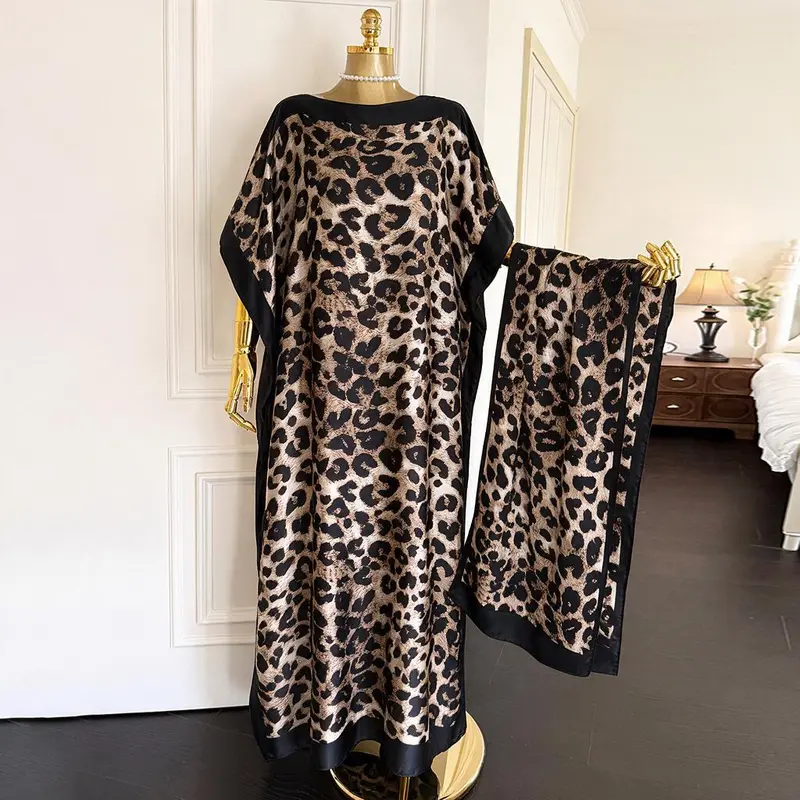 Laruda-Original Vibe Women's 2-Piece Exotic Bohemian Ethnic Leopard Print Straight-Fit Long Robe Set - Elegant Round Neck Moomoo Dress, Smooth Shawl, Breathable Headband, Lightweight Woven Fabric, Everyday Casual All-Season Beach Sun Protection Wear