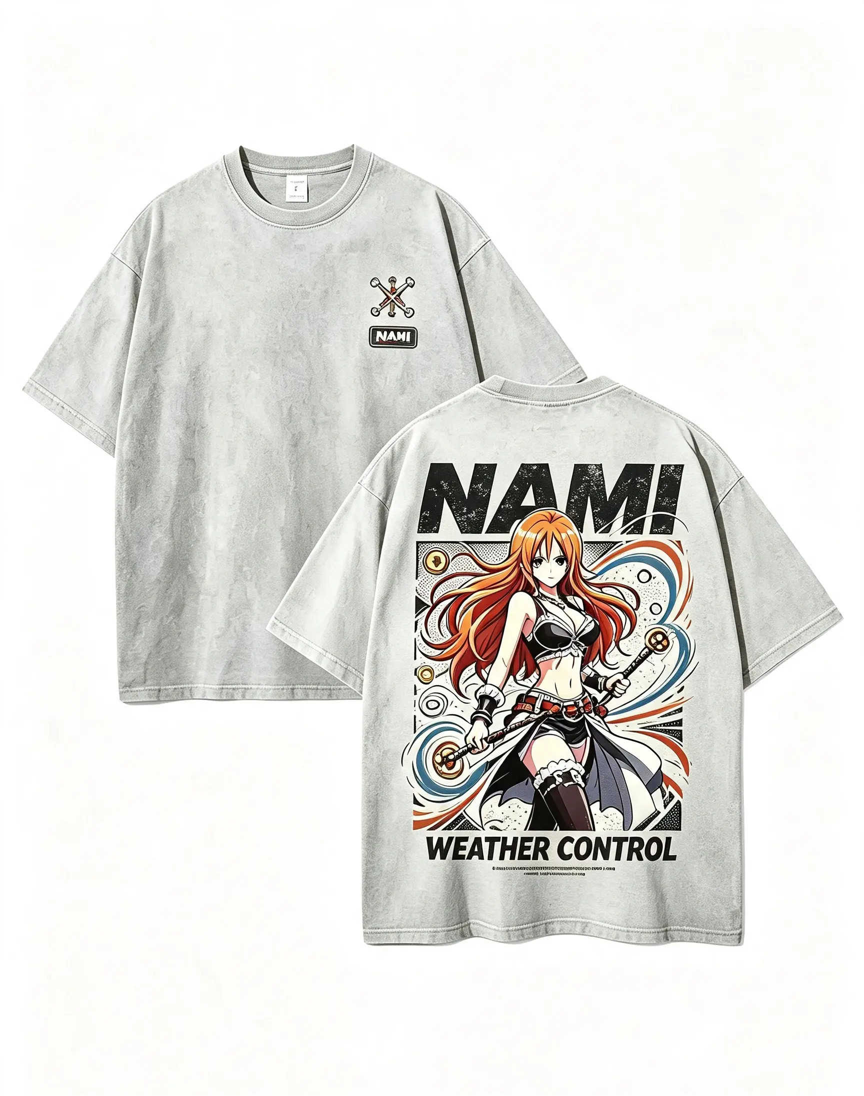 Men's Retro Nami 100% Cotton Vintage Wash Oversized Unisex T-Shirt - Dual-Side Print Anime Girl, Medium Length, Machine Wash Cold, 1-Piece Fan Apparel, Street Style Summer Top
