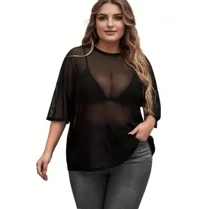 Plus Size Glitter Sheer Mesh Tops for Women Summer Black See Through T Shirt 2026 Sparkly Sexy Country Concert Outfits