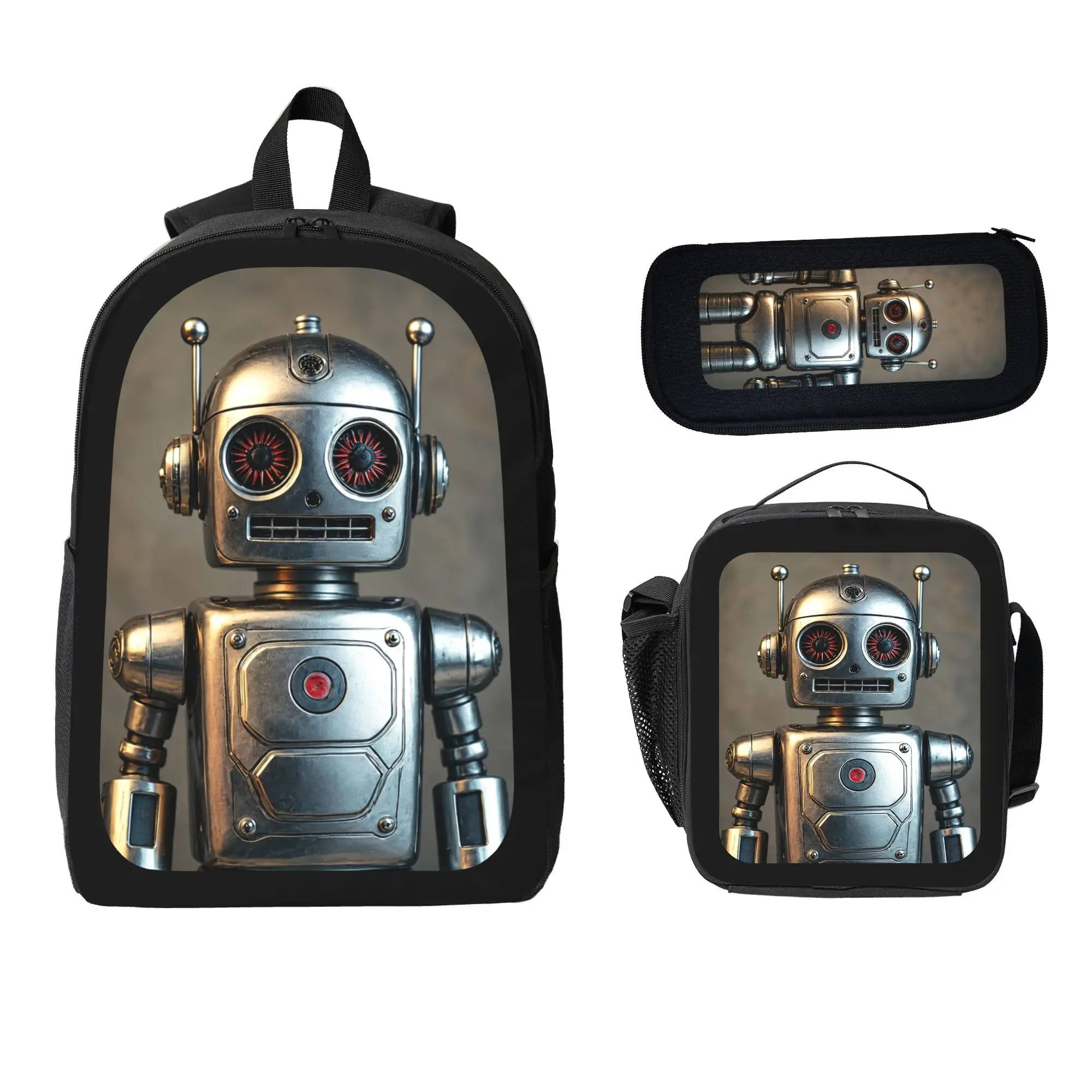 Retro Robot 3-Piece Backpack Set for Boys - Sci-Fi Aesthetic School Bag with Lunch Box, Pencil Case, Lightweight Y2k Futuristic Vibes, 2026 Trendy Back to School Essentials Kids Gift