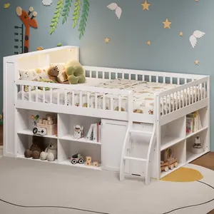 Queen Size Loft Bed with Storage, Bookcase Headboard with LED Light, Solid Wood Low Loft Bed Frame