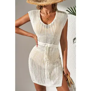 Crochet Open Knit Drawstring Waist Beach Dress