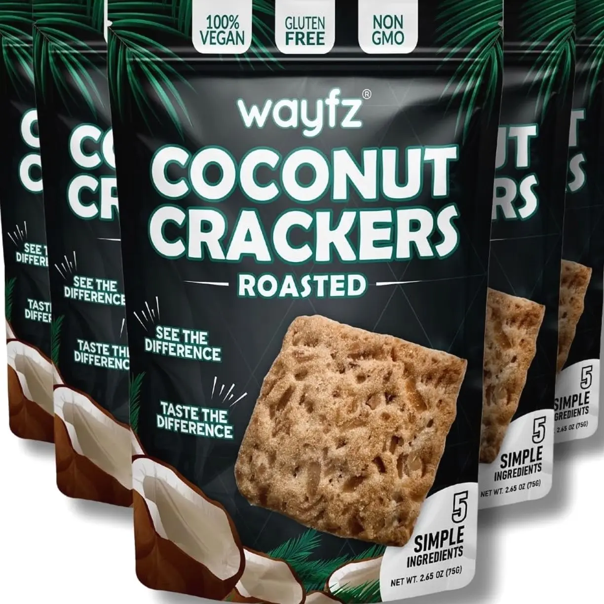 Roasted Coconut Crackers – Vegan Snack & Gluten Free Cracker Made with 100% Real Coconut – Organic, Dairy Free, Non-GMO, Lightly Sweet & Crunchy – 2 Coconuts in Every Bag - (Pack of 5)