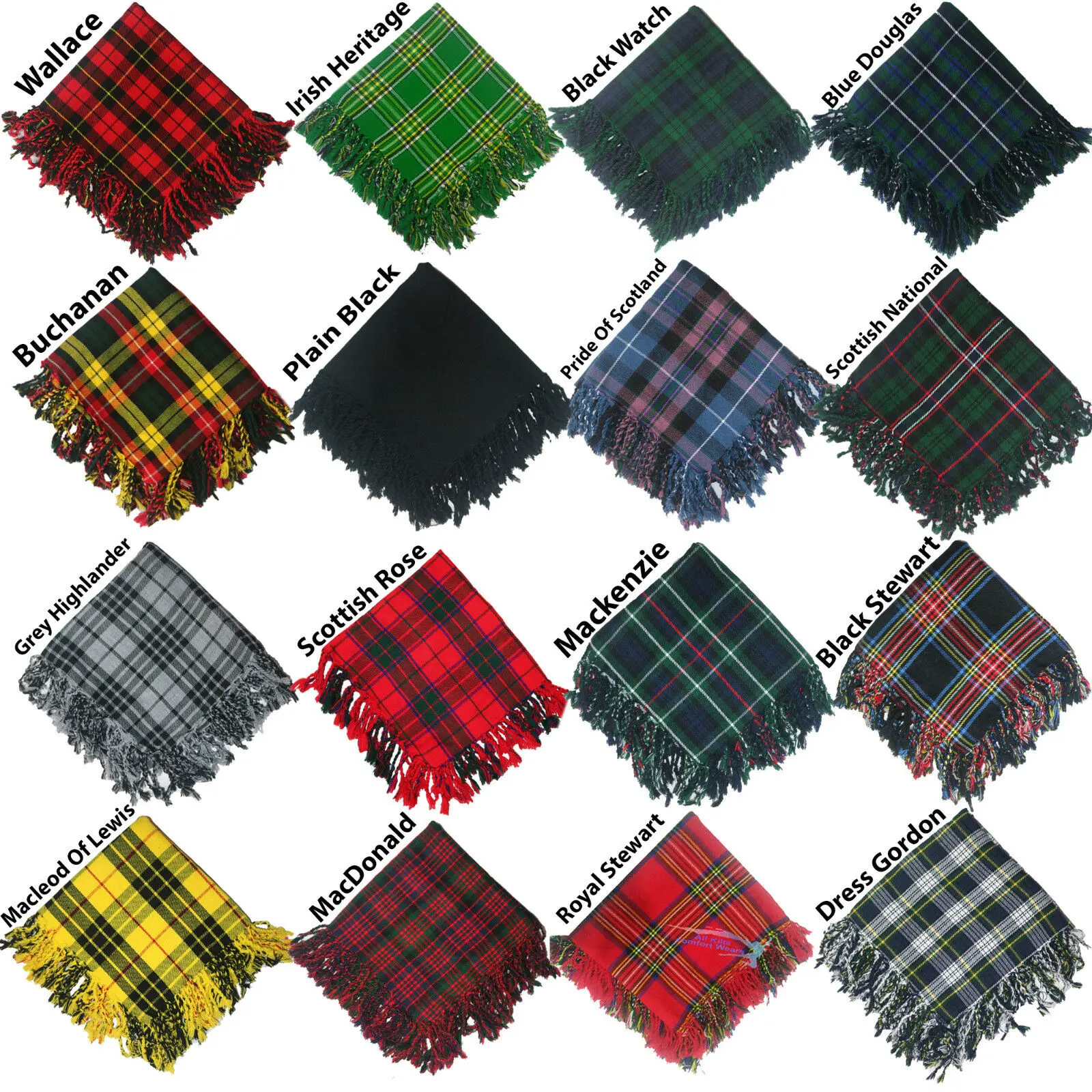 Tartan Scottish Purled Fringe Piper Fly Plaid 48"- 48" Fly Plaid
