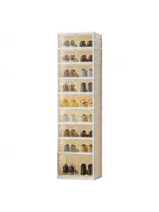 【Christmas Gift】Khaki-L Collapsible Shoe Rack Organizer,Foldable Shoe Cabinet With Doors, 9 Tiers/6 Tiers Large Plastic Folding Shoe Cabinet, Easy Assembly Shoe Shelves Organizer,Stackable Folding Shoes Storage Boxes Magnetic Leather