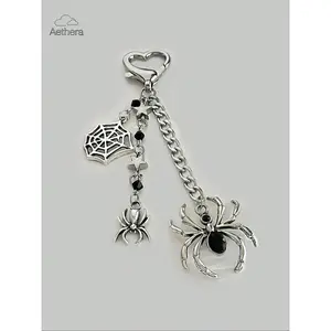 Aethera Cute Gothic Spider Web & Cross Keychain for Women & Men Trendy Dark Aesthetic Key Ring Fashion Daily Accessory Perfect Halloween Gift with Hearts