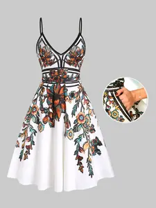 2025 Women's Summer Vacation Sundress Floral Leaf Printed Garden Party Dress Flare A Line Slip Mini Dress