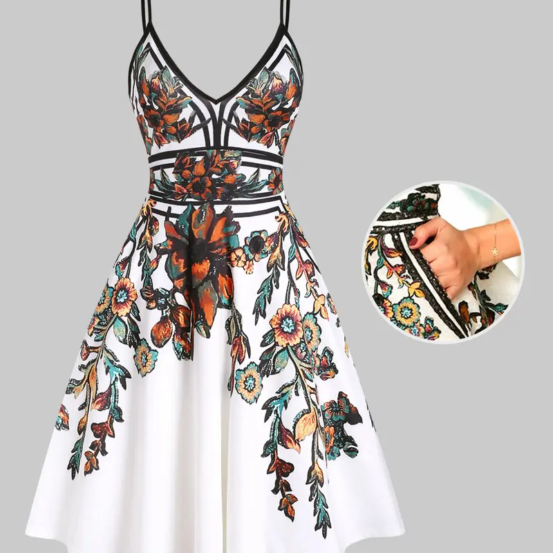 2025 Women's Summer Vacation Sundress Floral Leaf Printed Garden Party Dress Flare A Line Slip Mini Dress Casual Womenswear