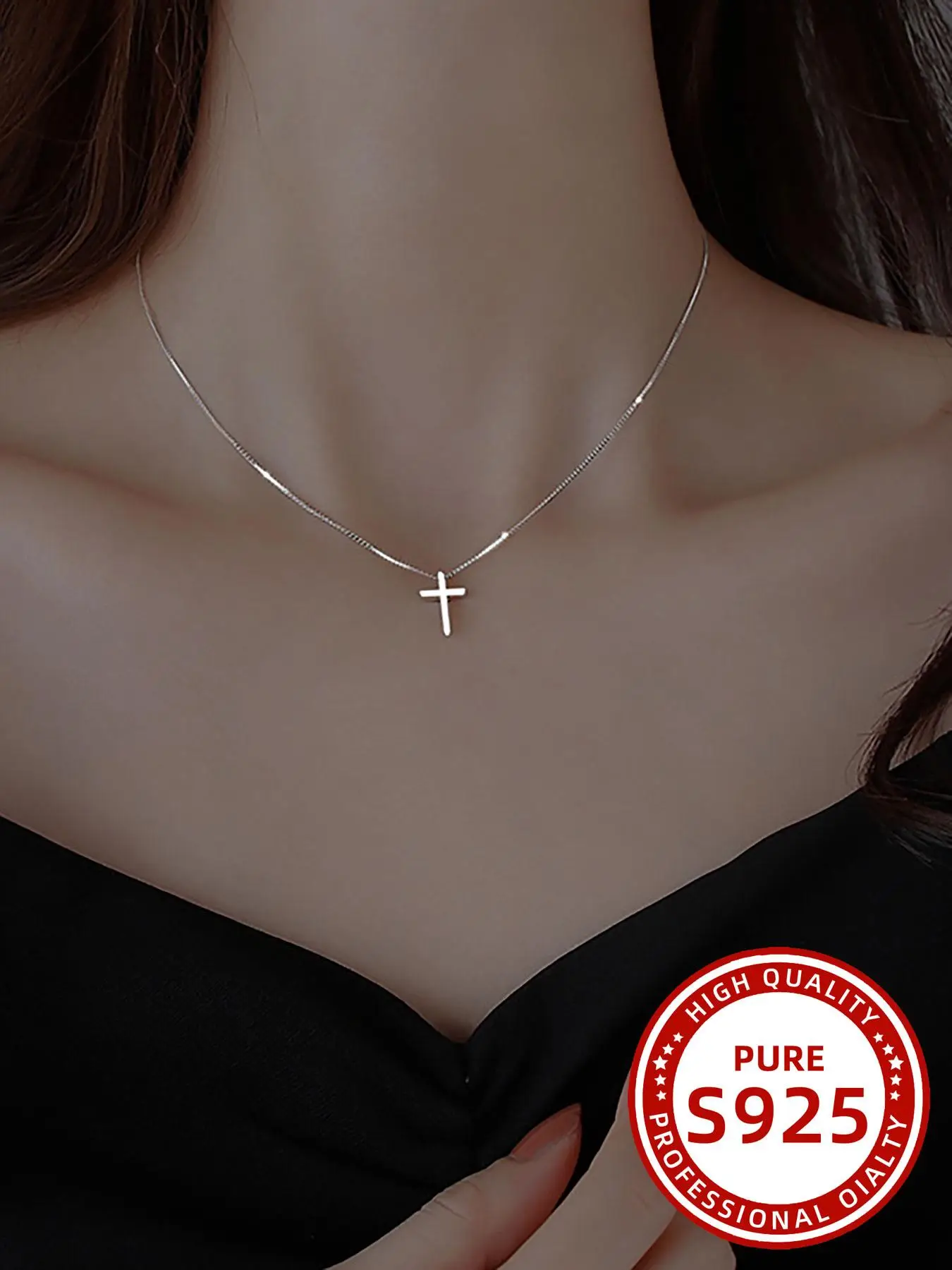 925 Sterling Silver Simple Cross Design Pendant Necklace for Women, Minimalist Necklace for Daily Wear, Trendy All-match & Exquisite Jewelry for Gift
