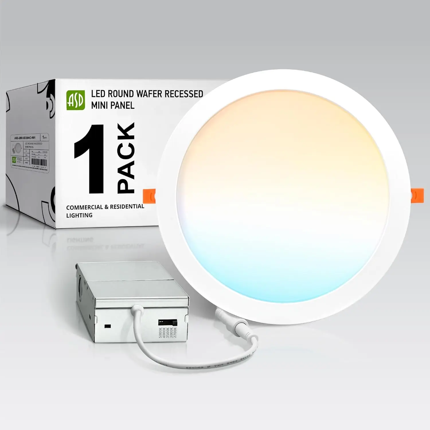 1 Pack Round Slim 11/12 in IC Rated Ultra Thin Canless Wafer Downlight, 24W Commercial/Residential Indoor LED Recessed Ceiling Light, 5 CCT 2700K-5000K, CRI90+, Dimmable Adjustable Brightness, J Box Included, UL Listed White Panel Light