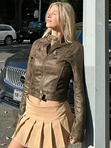 Fashion Women Wear Zipper Mock Neck Zip Up PU Fitted Jacket Coat, Womenswear Casual Long Sleeve Outerwear for Daily Outdoor Wear, Clothing Fall & Winter, Layered Look, Minimalist Chic, Cozy, StatementOutfit, SpringJacket