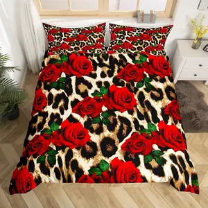 Leopard Print Duvet Cover,Rose Flower Bedding Set,Red Floral Petal Pattern Home Goods Comforter Cover,Branches Cheetah Print Bedspread Cover