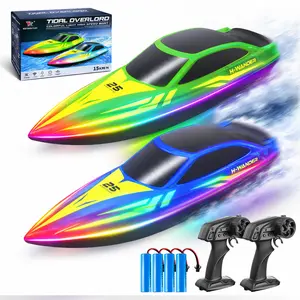 RC Boat 2 Pack Remote Control Boats with 7-Mode Colorful LED Lights, 10 Inch RC Boats, 15KM/H High Speed, 2.4GHz Remote, 3 Speed Modes, 4 Batteries, for Kids & Adults, Pool & Lake Racing