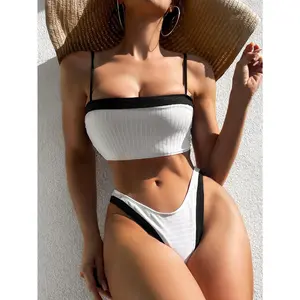 CUPSHE x JoJo Coastal Rib Piping Bandeau & High-Rise Bottoms Bikini Set Trendy Beachwear Straight neckline High Rise Swimwear Swimsuit Season Bathing Suits