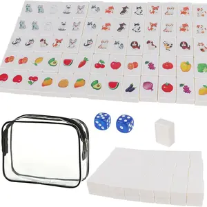 Beach Escape Game Building Blocks Mahjong Set, Fruit & Pet Pattern Mahjong Game, 65 Piece Puzzle Beach Board Game, Mini Mahjong Set