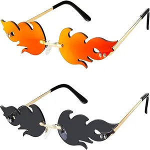 2 Pairs Fire Flame Sunglasses Rimless Flame Shaped Sun Glasses Wave Fire Shaped Glasses for Women Men Party Supplies Photo Props (, Red, Black and Grey)