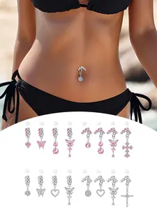 Silver Fake Belly Ring Clip On Belly Button Rings Stainless Steel Faux Belly Piercing Jewelry Fake Belly Button Piercing For Women White Pink Cubic Zirconia Butterfly Heart Cross Fake Belly Piercing Fake Belly Ring Non Piercing Belly Button Piercing