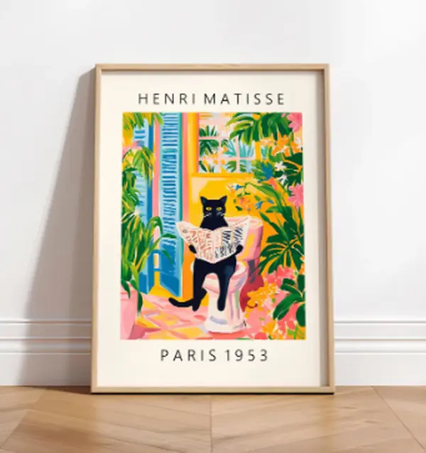 [Sale off up to 55%][Free Ship] Black Cat on Toilet Bathroom Wall Art, Funny Cat Bathroom Decor, Matisse Inspired Poster, Tropical Cat Print, Cat Lover Gift