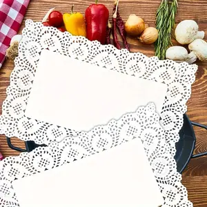 150pcs White Lace Paper Doilies, Rectangle Flower Bottom Paper Placemats, Disposable Greaseproof Doilies, French Fries Fried Chicken Paper, Paper Pad Tray, For Food, Cake, Tableware Decoration, Household Kitchen Accessories