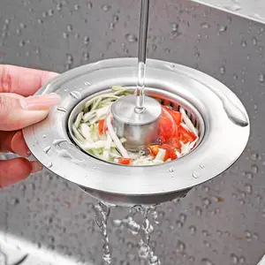 3-in-1 Kitchen Sink Drain Strainer & Stopper, Stainless Steel Food Catcher Plug with Filter Basket, Fits 3-1/2 Inch Drain Hole, Universal Sink Protector Cover, Anti-Clogging, Silver (1, Sus304)