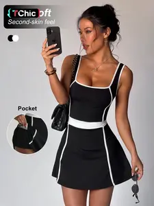 Women's Colorblock Detachable Waistband Sports Dress, Tennis Athletic Dress, Summer Professional Tennis Skirt, Tennis Attire, Comfortable Golf, Sleeveless Slim-Fit, Golf Dresses