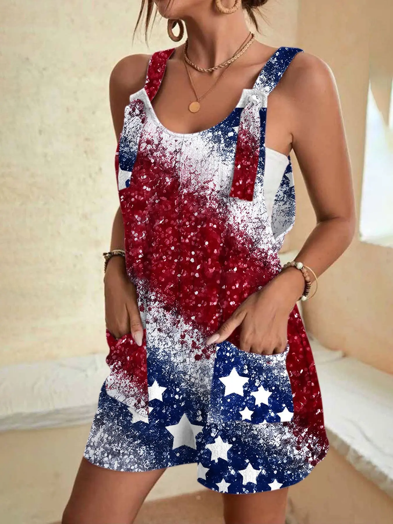 Women's Star Print Pocket Overall Dress, Casual Adjustable Strap Sleeveless Overalls for Summer, Fashion Women's Clothes for Daily Wear, Suits, Womenswear, Patriotic Jumpsuit